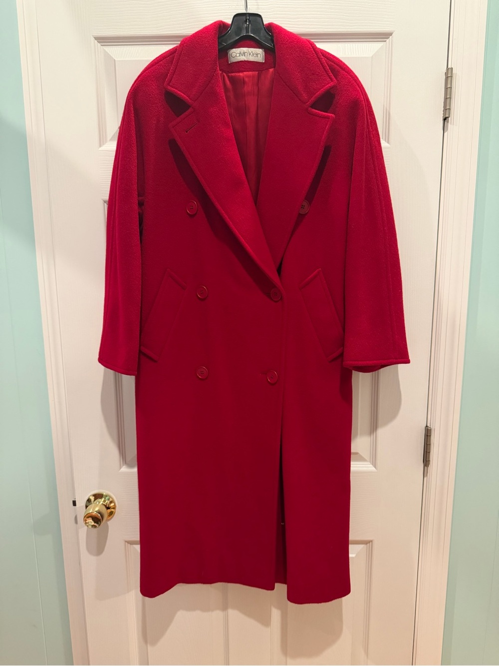 Calvin Klein Women's Red Double Breasted Long Wool Overcoat Lined Pockets,size 6